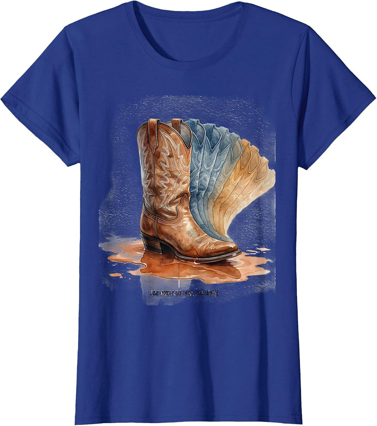 Women's Line Dance Regular Row Three Watercolor Cowboy Boot Dancer T-Shirt - Royal Blue