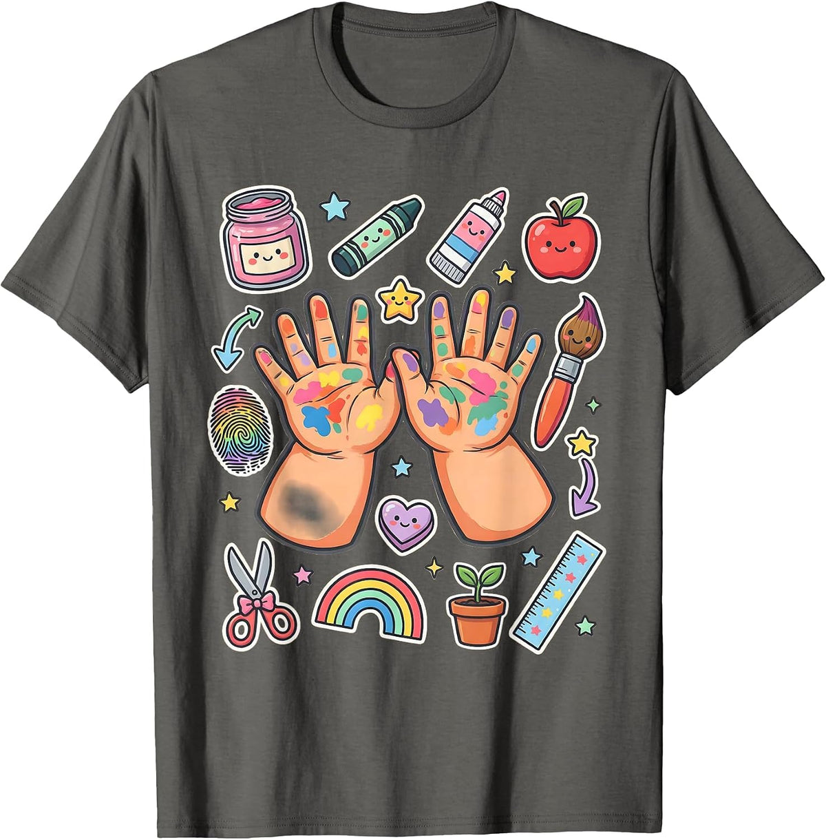 Kindergarten Teacher Paint Hands Graphic T-Shirt - Asphalt Grey