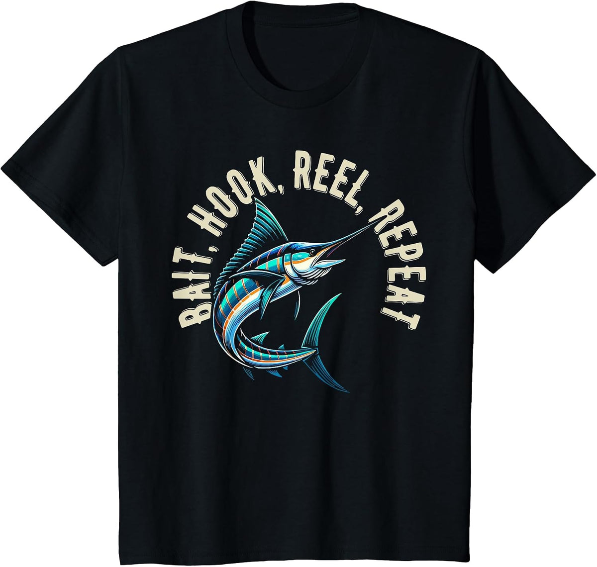 Bait Hook Reel Repeat Big Fish Jumping Fishing Design T-Shirt - Black