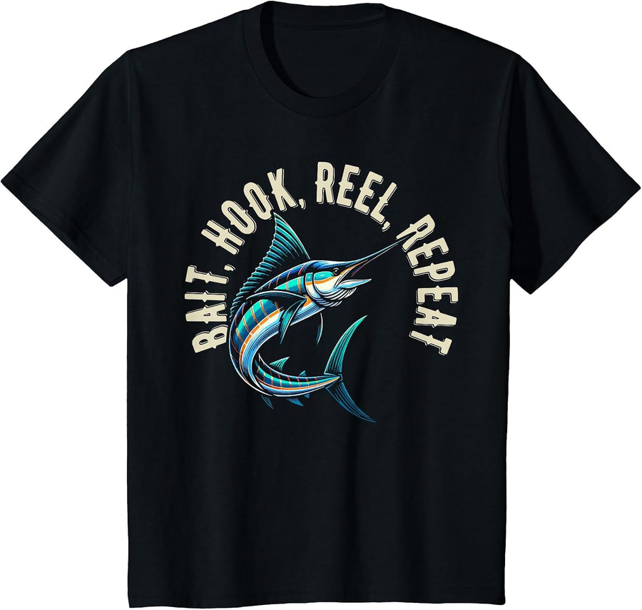 Bait Hook Reel Repeat Big Fish Jumping Fishing Design T-Shirt - Black