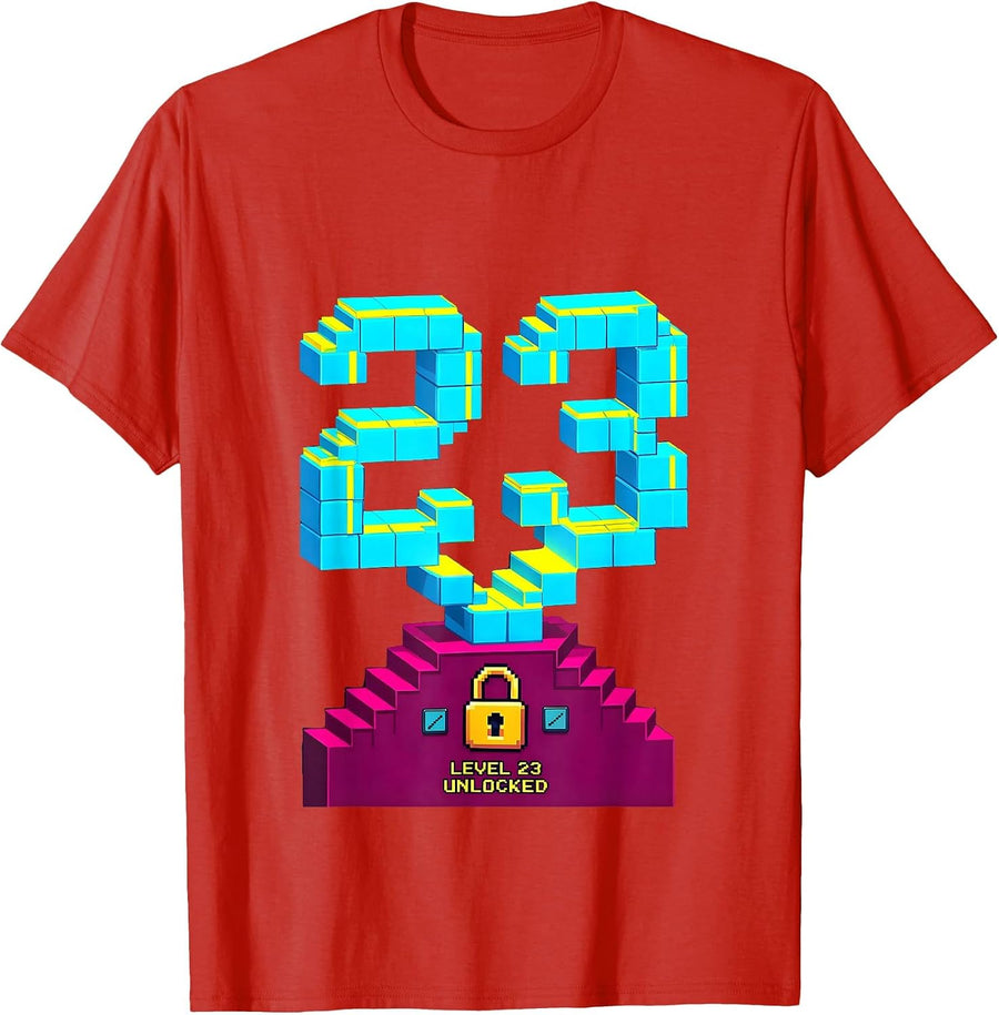Men's Level 23 Unlocked Pixel Art Gamer Birthday Milestone T-Shirt - Red