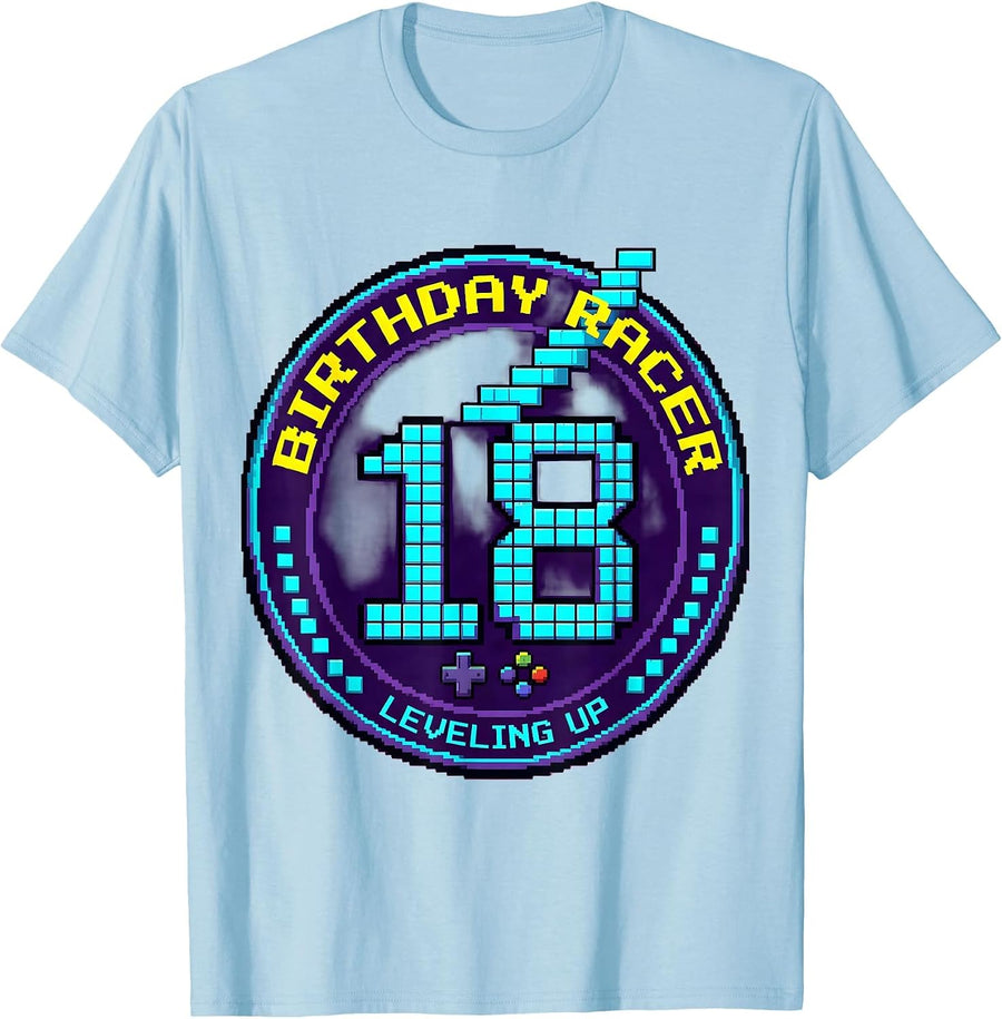 Men's Birthday Racer Leveling Up 18 Pixel Art Gamer Birthday Gift T-Shirt - Baby Blue