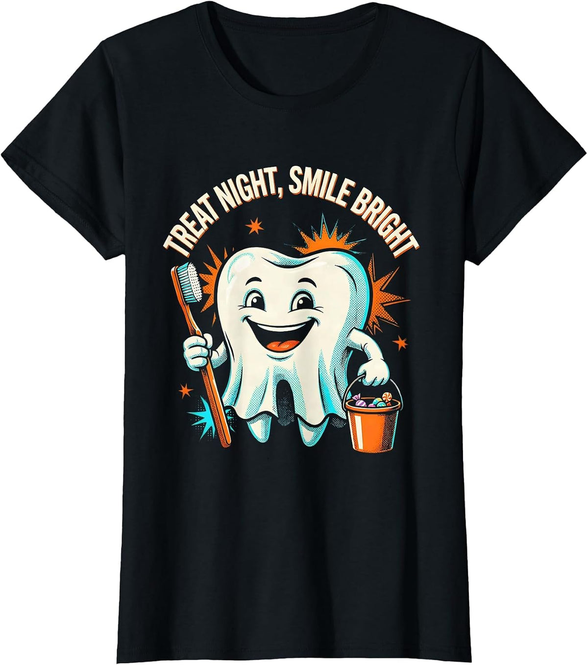 Women's Treat Night Smile Bright Pop Art Halloween Dentist Dental T-Shirt - Black