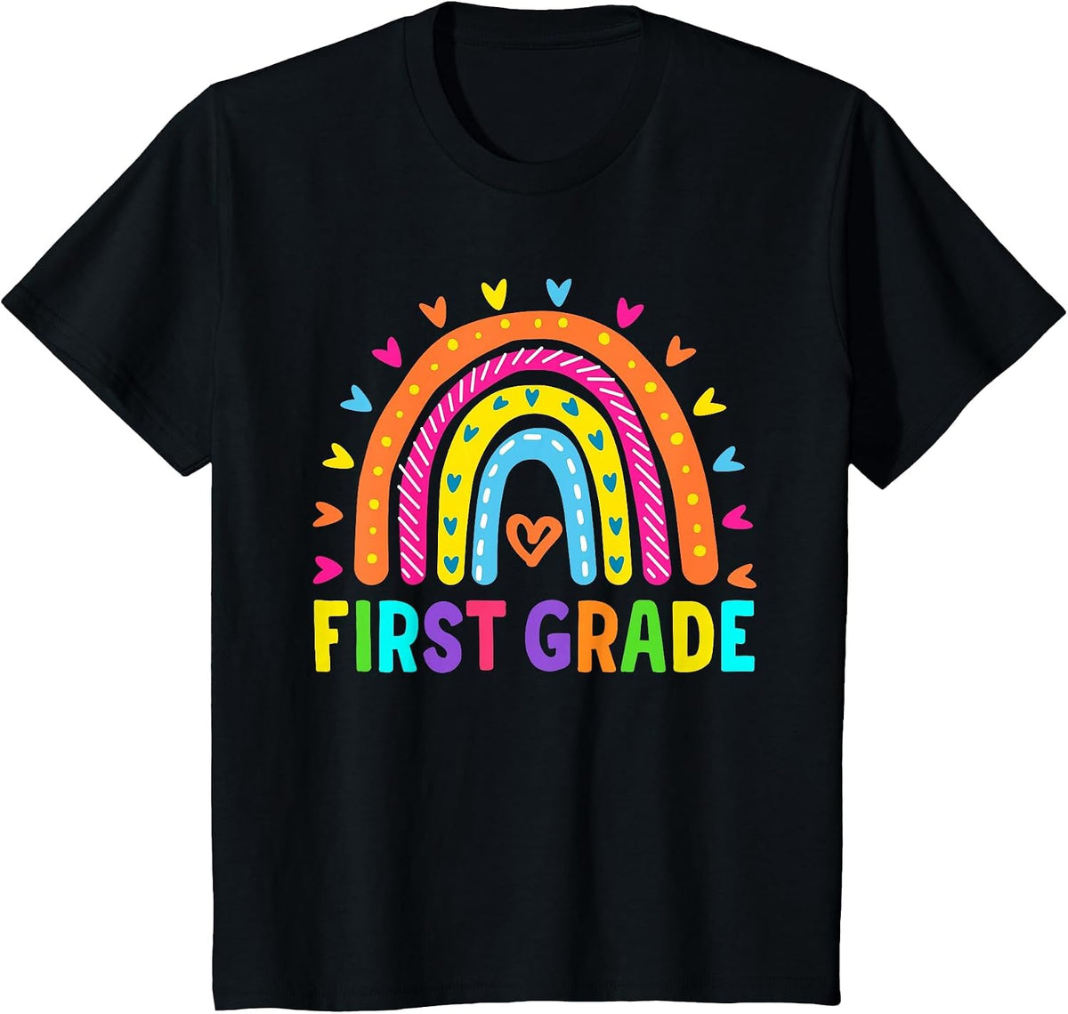 First Grade Rainbow Hearts Back to School Student Teacher T-Shirt - Black