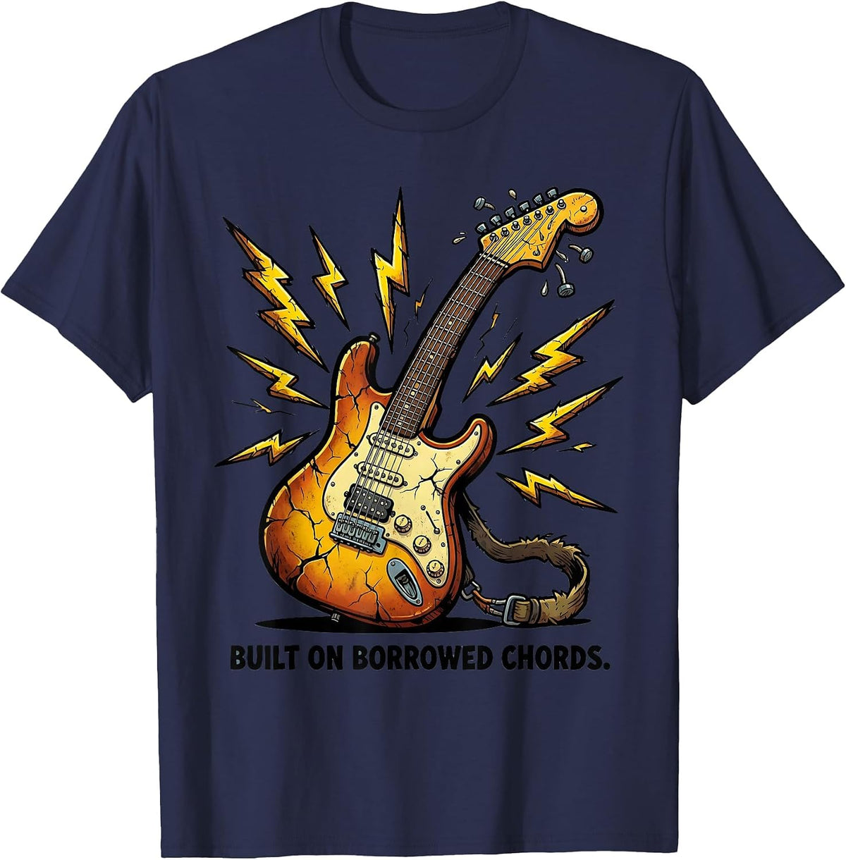 Built on Borrowed Chords Grunge Music Design T-Shirt - Navy Blue