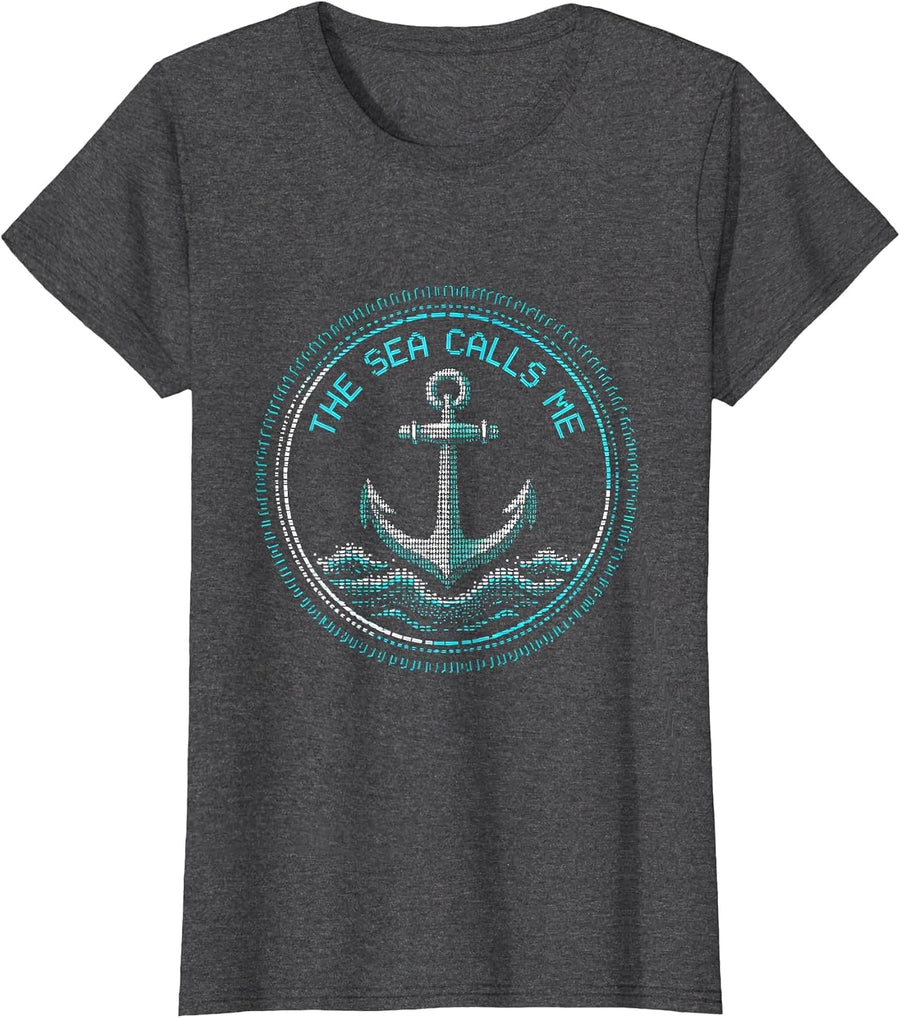 Women's The Sea Calls Me Navy Ocean Lover Design T-Shirt - Dark Heather Grey