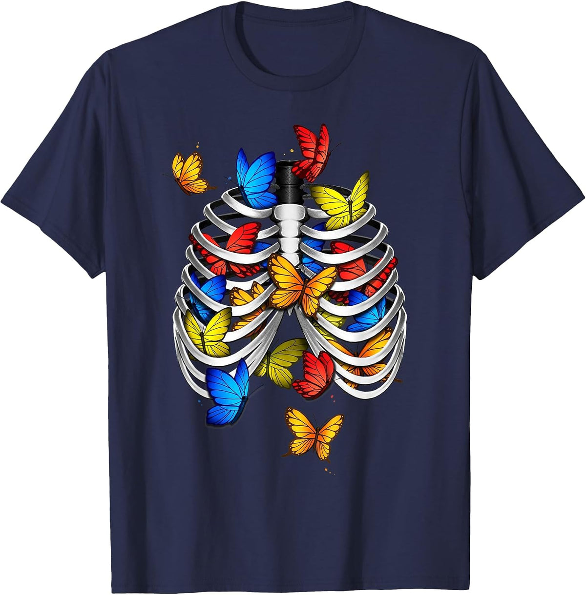 Butterflies in My Stomach Rib Cage X-Ray Anatomy Butterfly T-Shirt - Navy Blue
