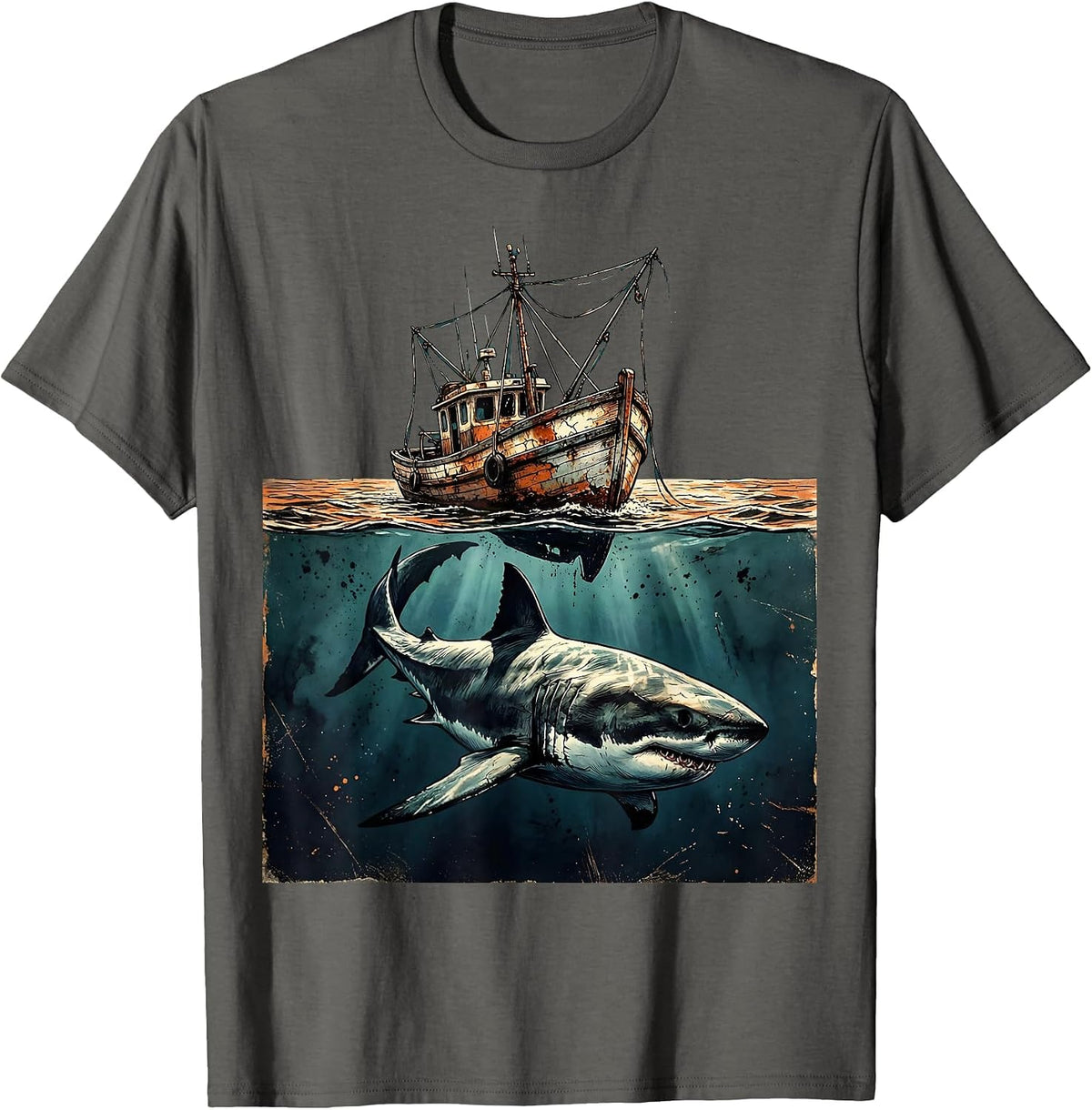 Men's Shark Beneath Fishing Boat Graphic Tee T-Shirt - Asphalt Grey