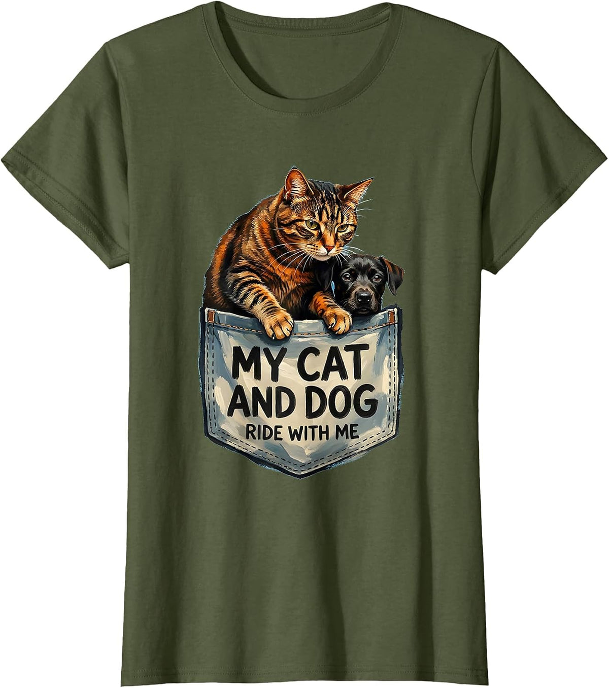 Women's My Cat And Dog Ride With Me Playful Pet Pocket Gift For Cat T-Shirt - Olive Green