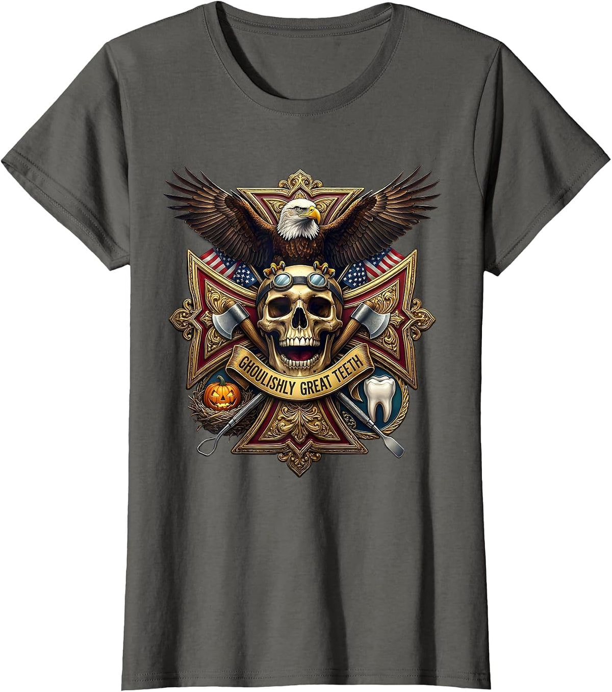 Women's Halloween Dental Ghoulishly Great Teeth Design T-Shirt - Asphalt Grey