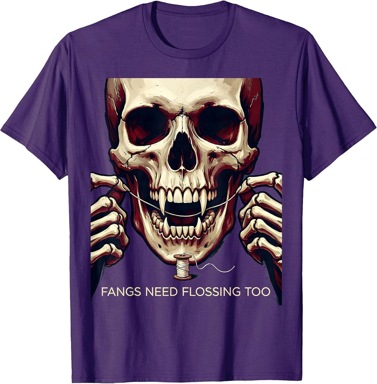 Fangs Need Flossing Too Dental Halloween Design T-Shirt - Purple