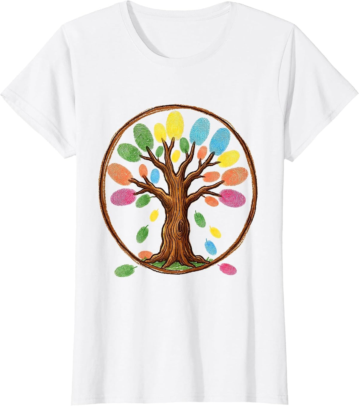 Women's Kindergarten Teacher Fingerprint Tree Colorful Art T-Shirt - White