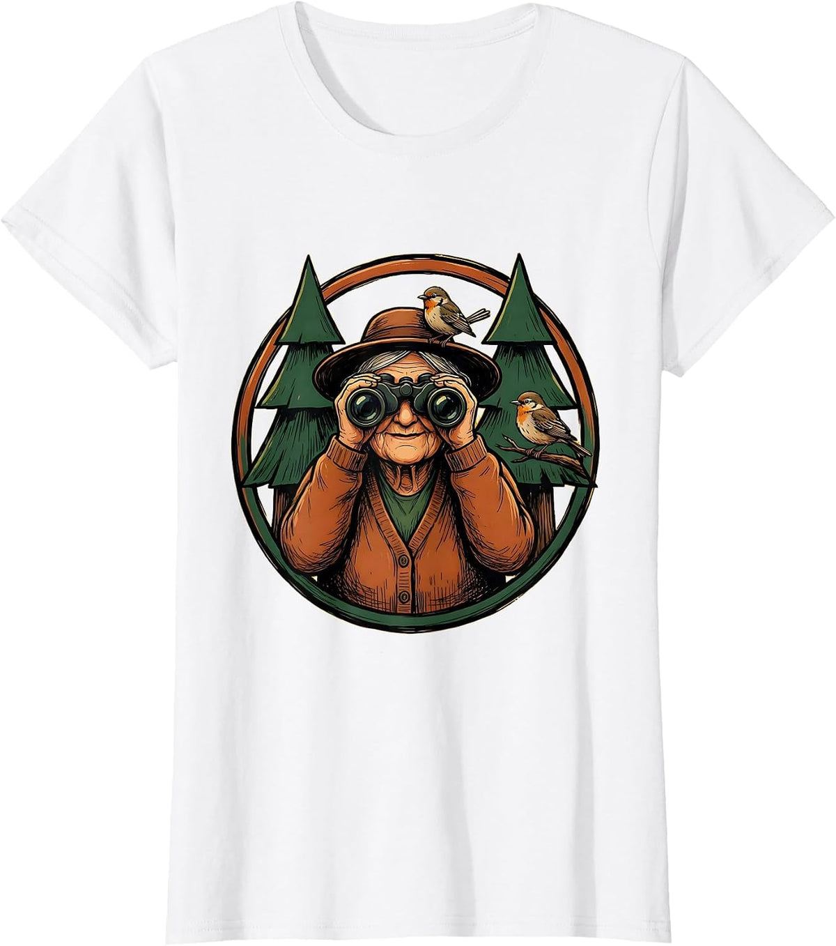 Mimi Bird Watching Grandma in Forest Illustration T-Shirt - White