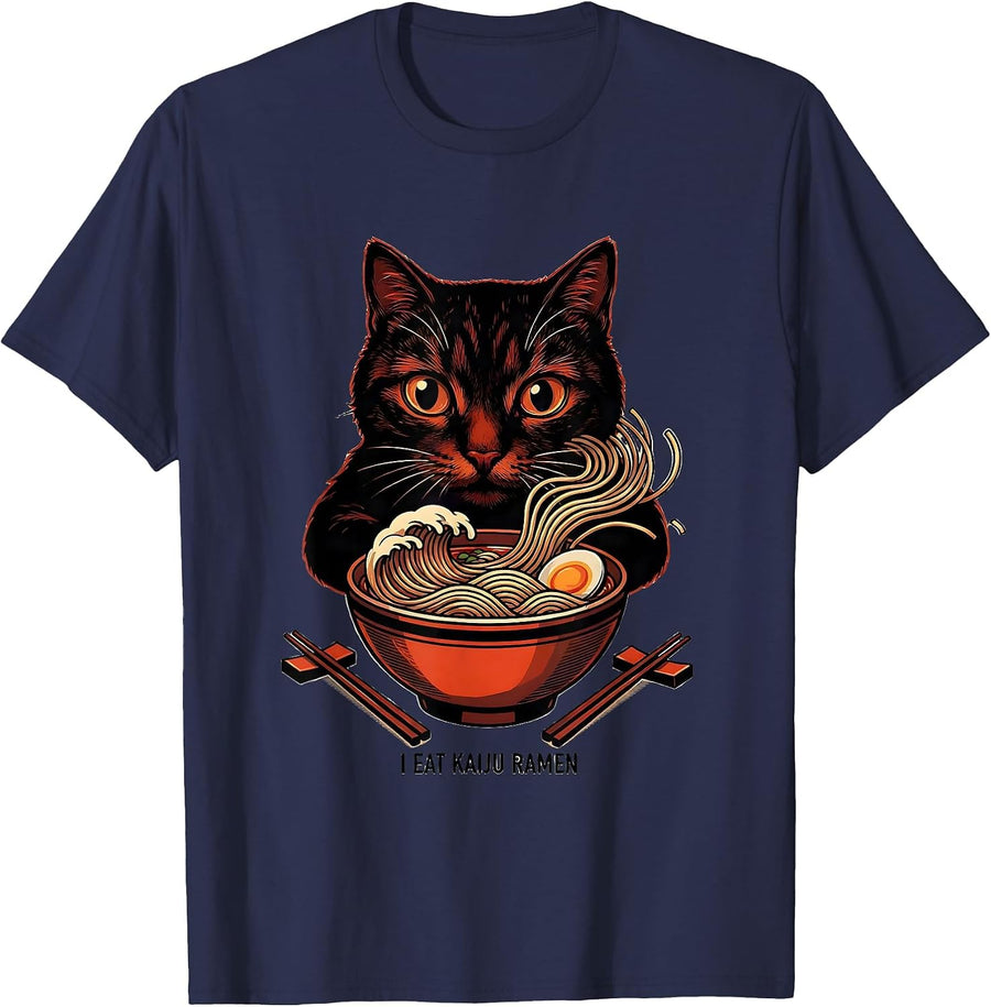 I Eat Kaiju Ramen Funny Japanese Cat Anime Gamer Gift T-Shirt - Navy Blue