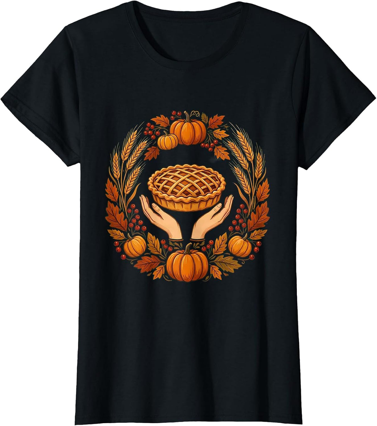 Women's Thanksgiving Pie Cradling Hands Graphic Design T-Shirt - Black
