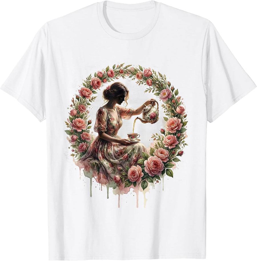 Floral Teapot Tea Pouring Mimi Illustration T-Shirt - White
