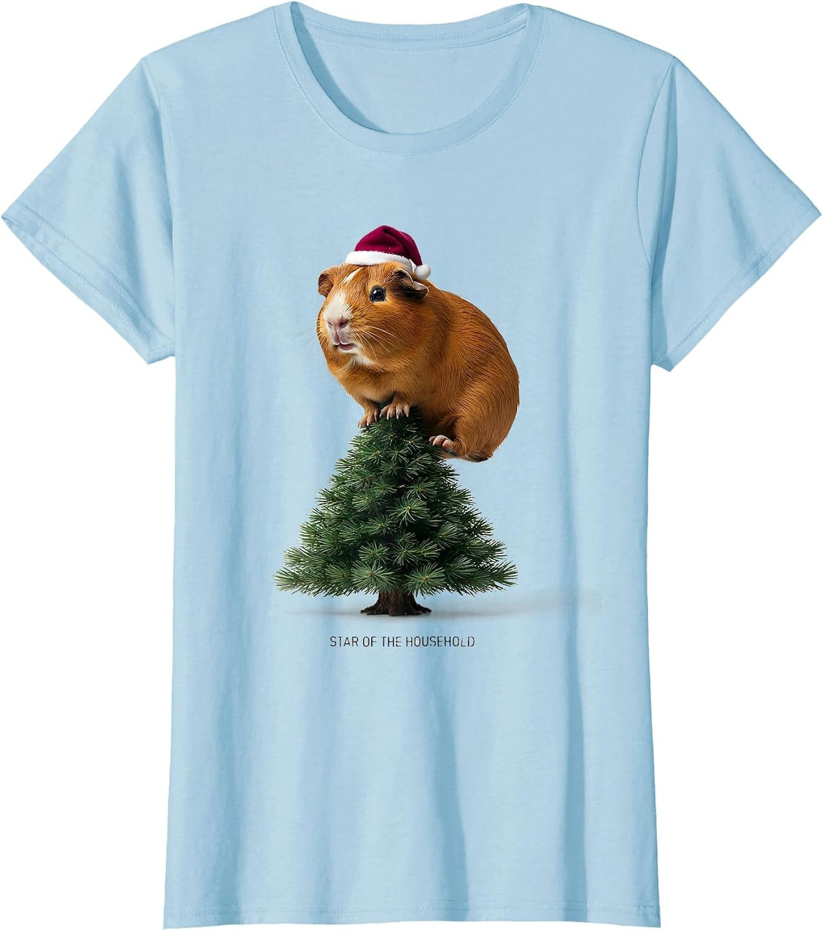 Women's Star Of The Household Funny Guinea Pig Christmas Santa Hat T-Shirt - Baby Blue