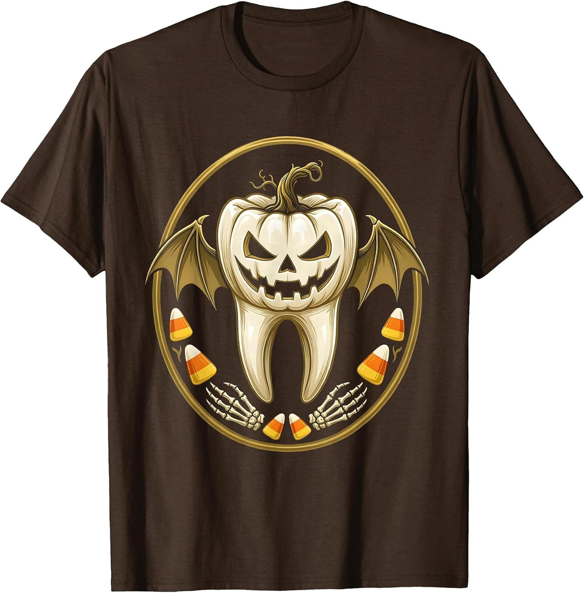 Men's Halloween Jack-O-Lantern Molar Dental Tooth Design T-Shirt - Brown