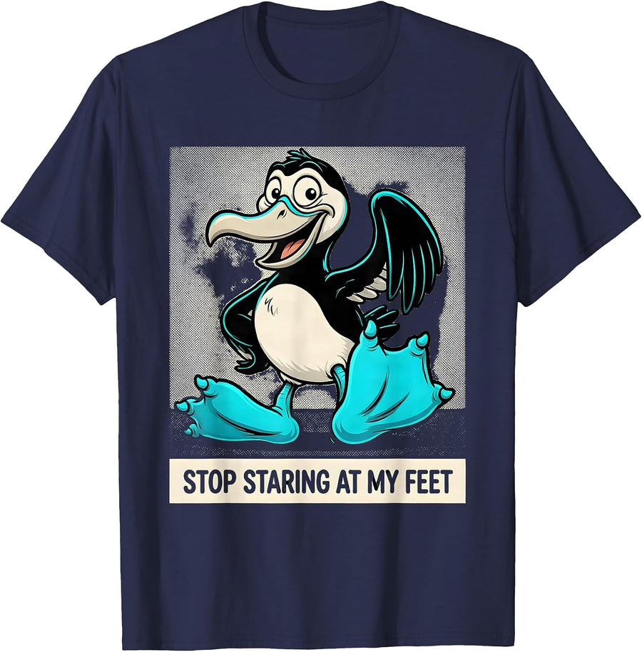 Stop Staring At My Feet Retro Cartoon Blue-Footed Booby T-Shirt - Navy Blue