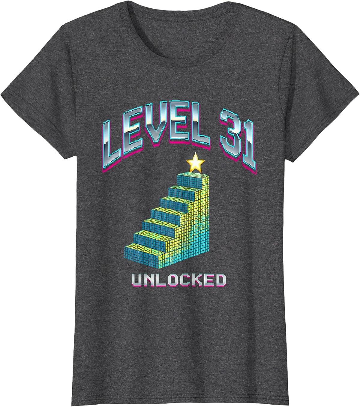 Women's Level 31 Unlocked Pixel Art Gamer Birthday Milestone T-Shirt - Dark Heather Grey