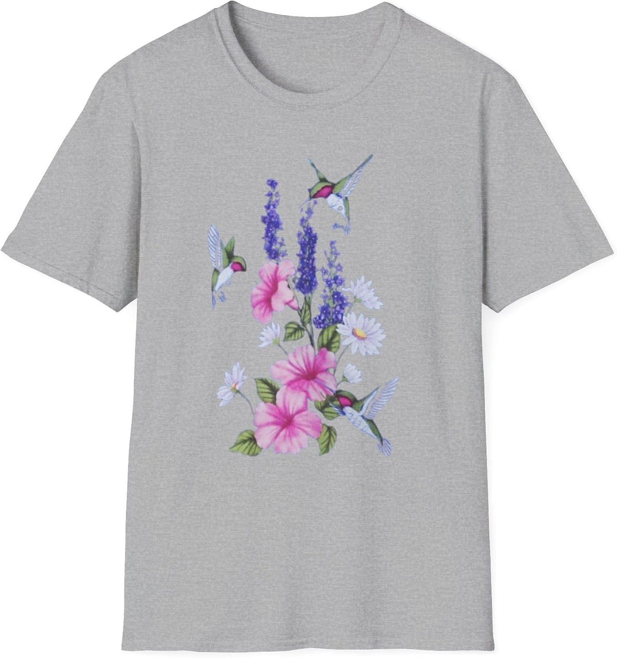 Floral Hummingbird Unisex T-Shirt, Nature Lover Gift, Spring Outfit, Floral Tee, Birthday Present, Casual Wear - Sport Grey