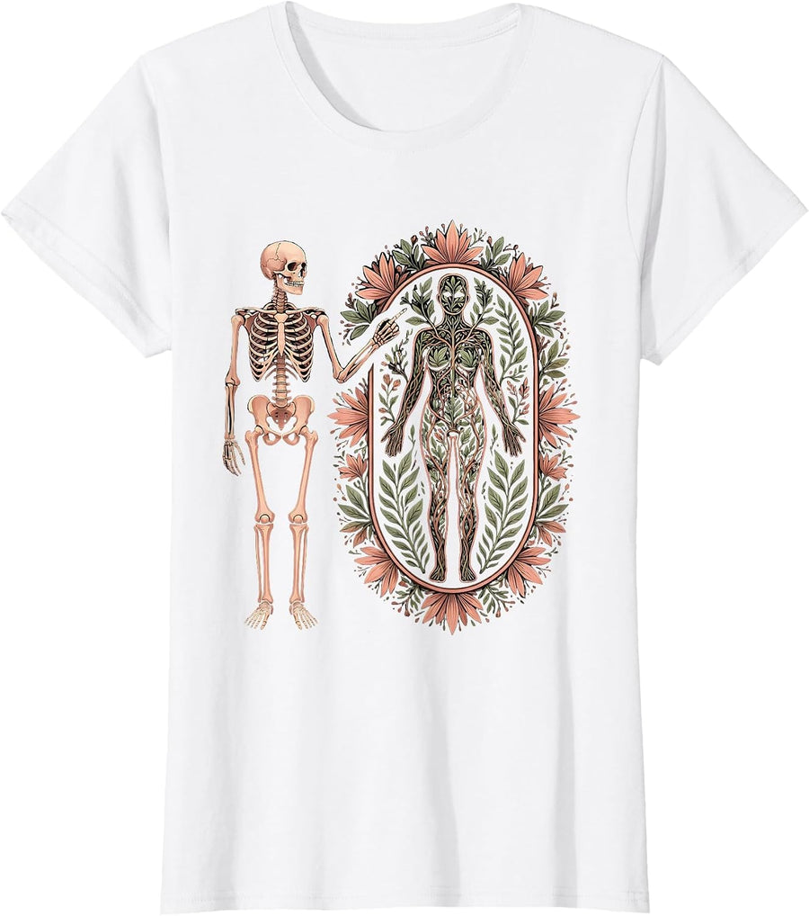 Women's Skeleton Anatomy Diagram Illustration T-Shirt - White