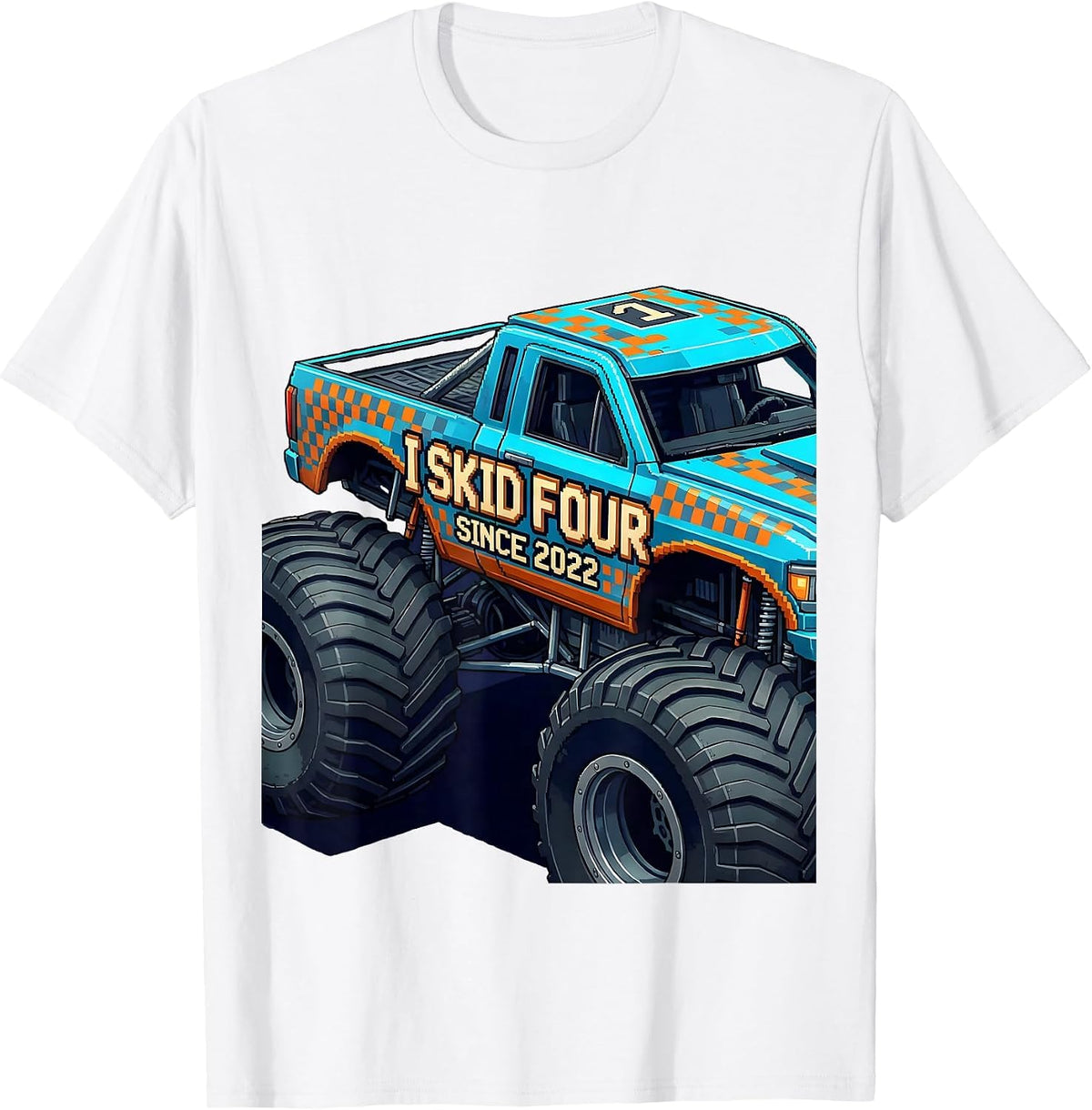 Men's I Skid Four Since 2022 Pixel Art Monster Truck Birthday Boy T-Shirt - White