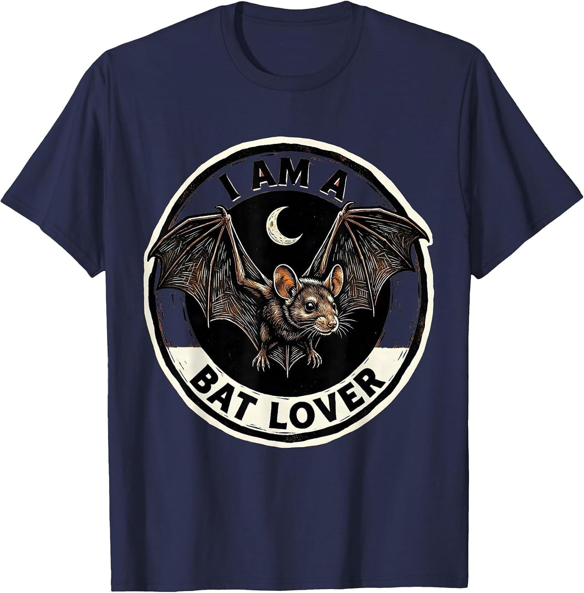 Men's I Am A Bat Lover Linocut Bat Enthusiast Halloween Nature T-Shirt - Navy Blue