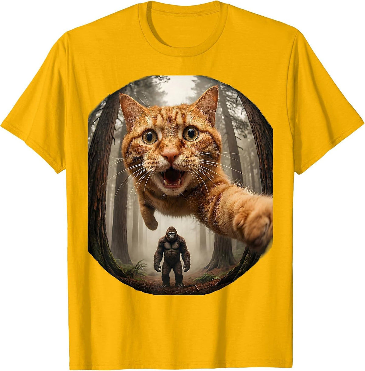 Fisheye Cat Bigfoot Meme Humor Gift for Cat Lovers T-Shirt - Golden Yellow