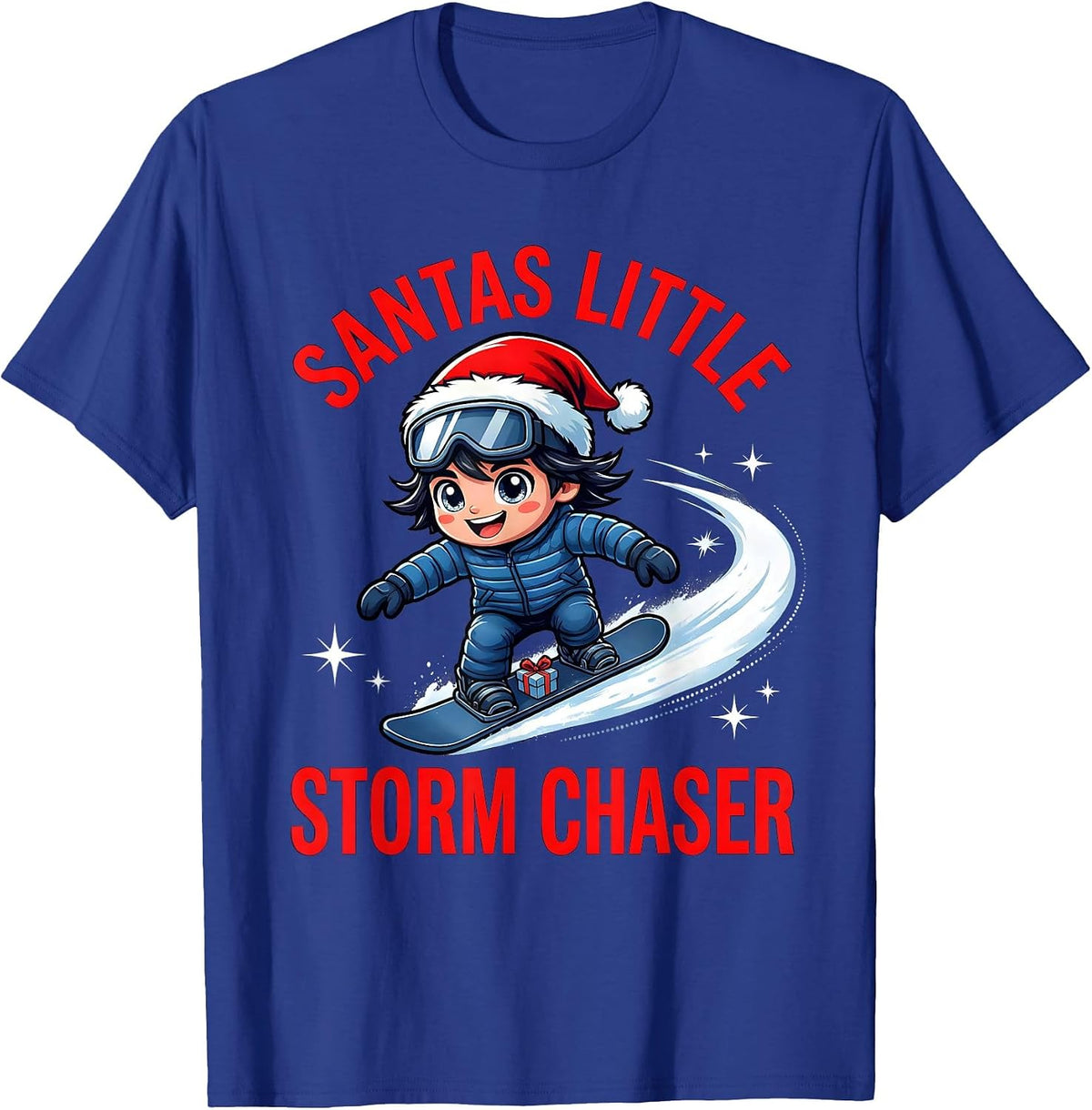 Men's SANTAS LITTLE STORM CHASER Cartoon Snowboarder Christmas T-Shirt - Royal Blue