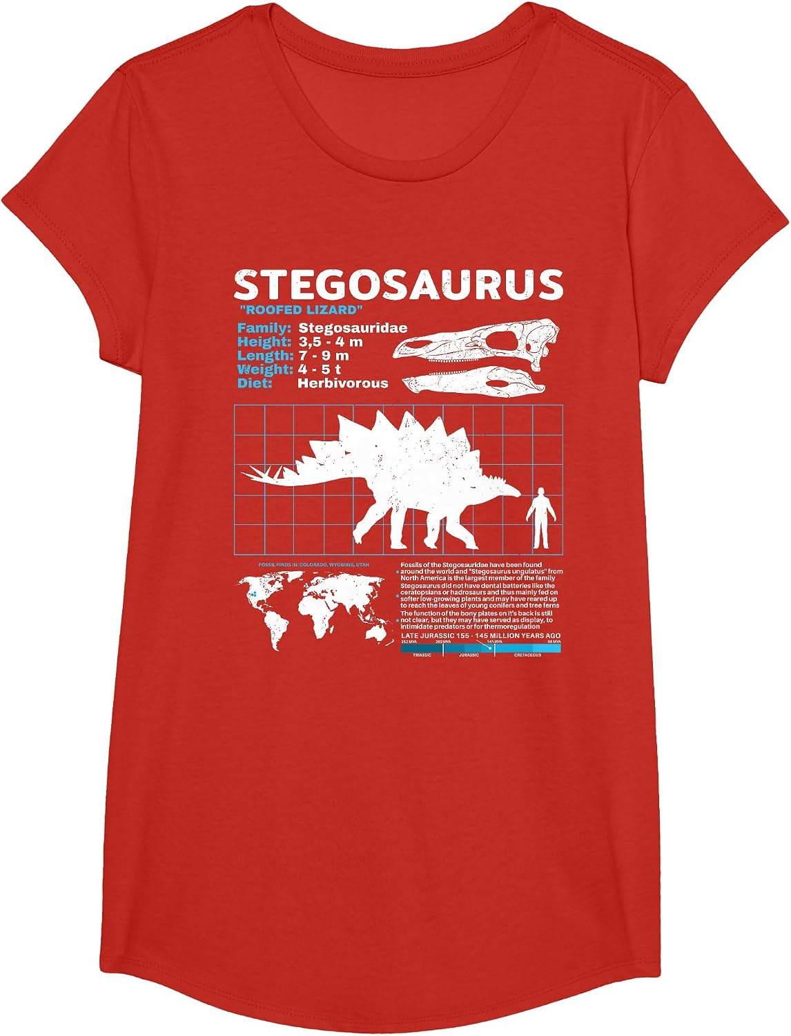 Stegosaurus fact Sheet Dinosaur Facts T-Shirt - Girls Red