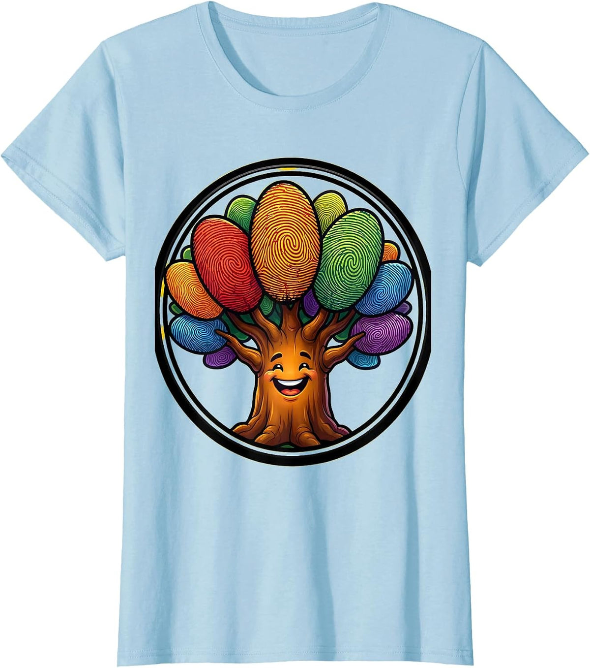 Kindergarten Teacher Fingerprint Rainbow Tree T-Shirt - Baby Blue