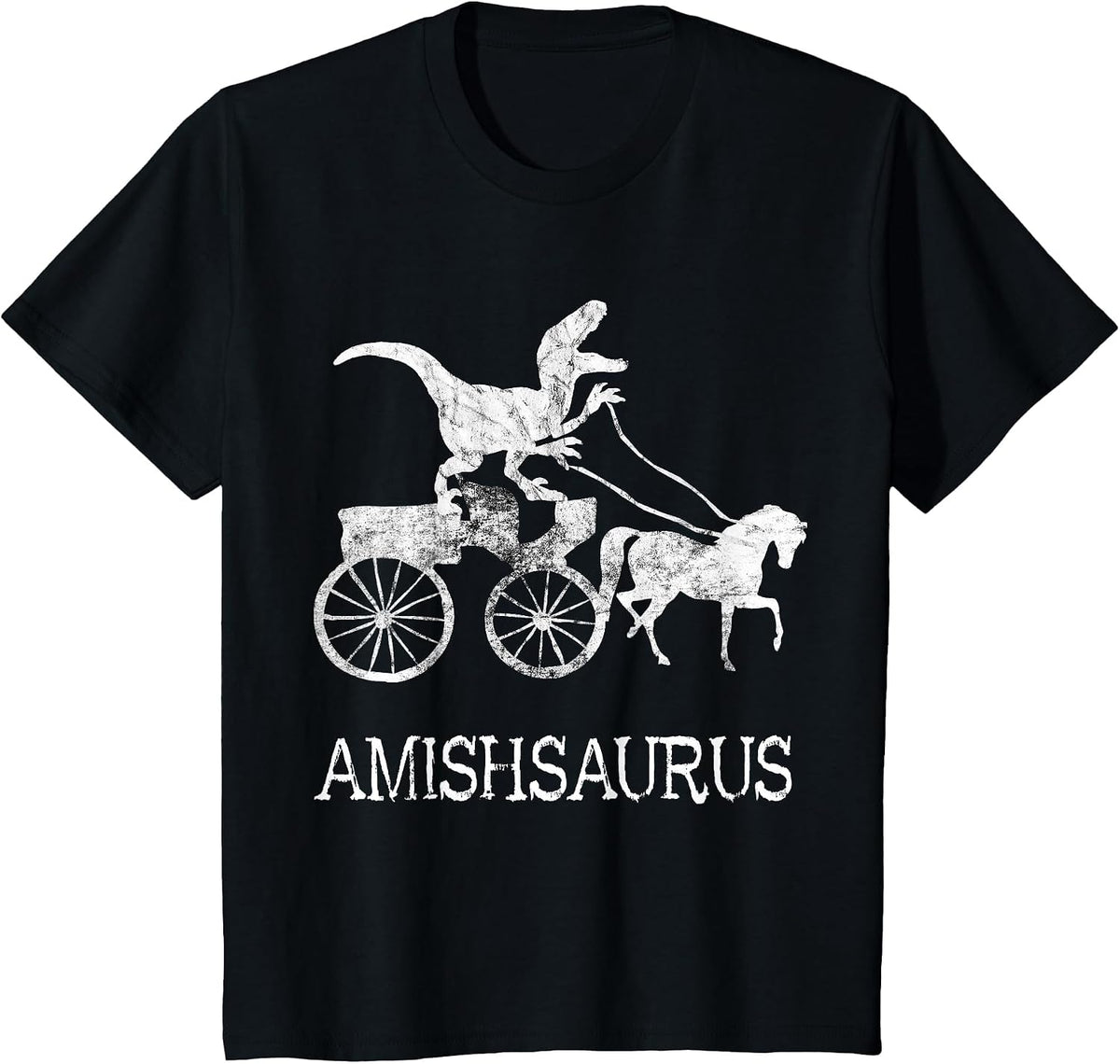 Amish Saurus Dinosaurs Horse Riding Buggy Funny Dino T-Rex T-Shirt - Black