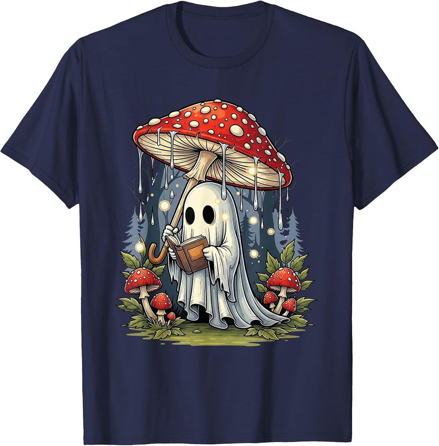 Ghost Reading Book Halloween Mushroom Spooky Cottagecore T-Shirt - Navy Blue