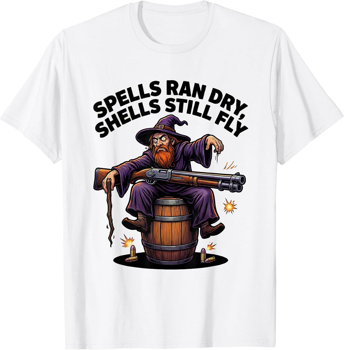 Men's Spells Ran Dry Shells Still Fly Cartoon Wizard Meme Humor T-Shirt - White