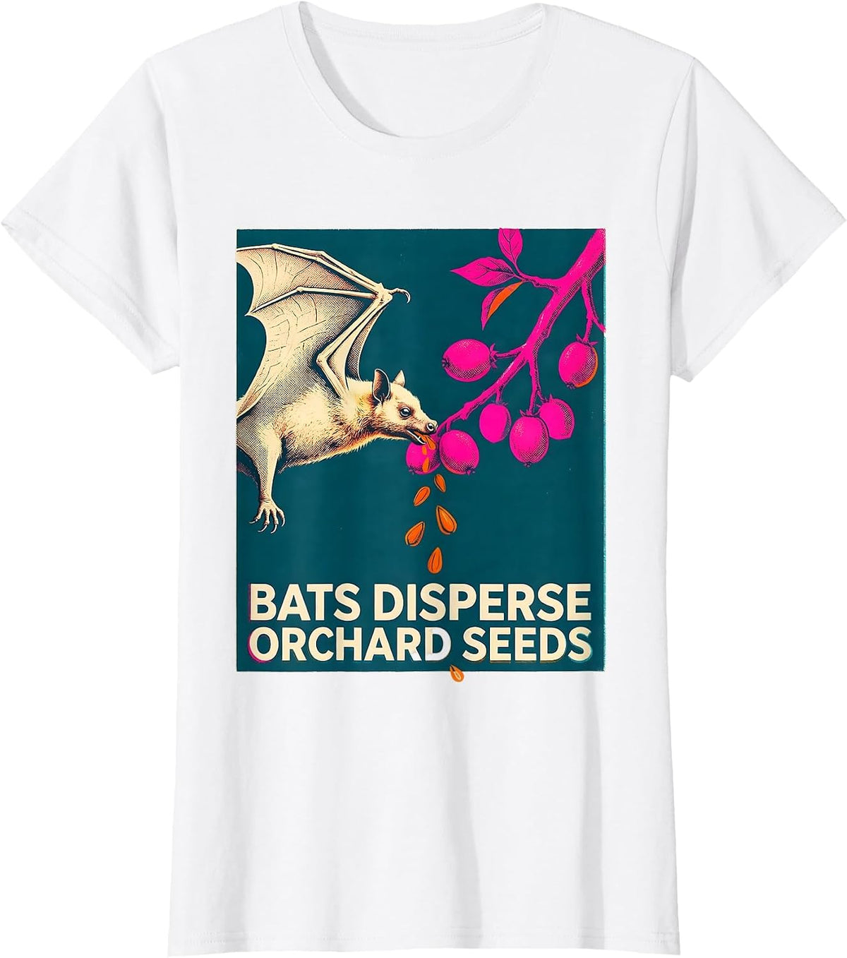 Women's Bats Disperse Orchard Seeds Risograph Bat Lover Nature T-Shirt - White
