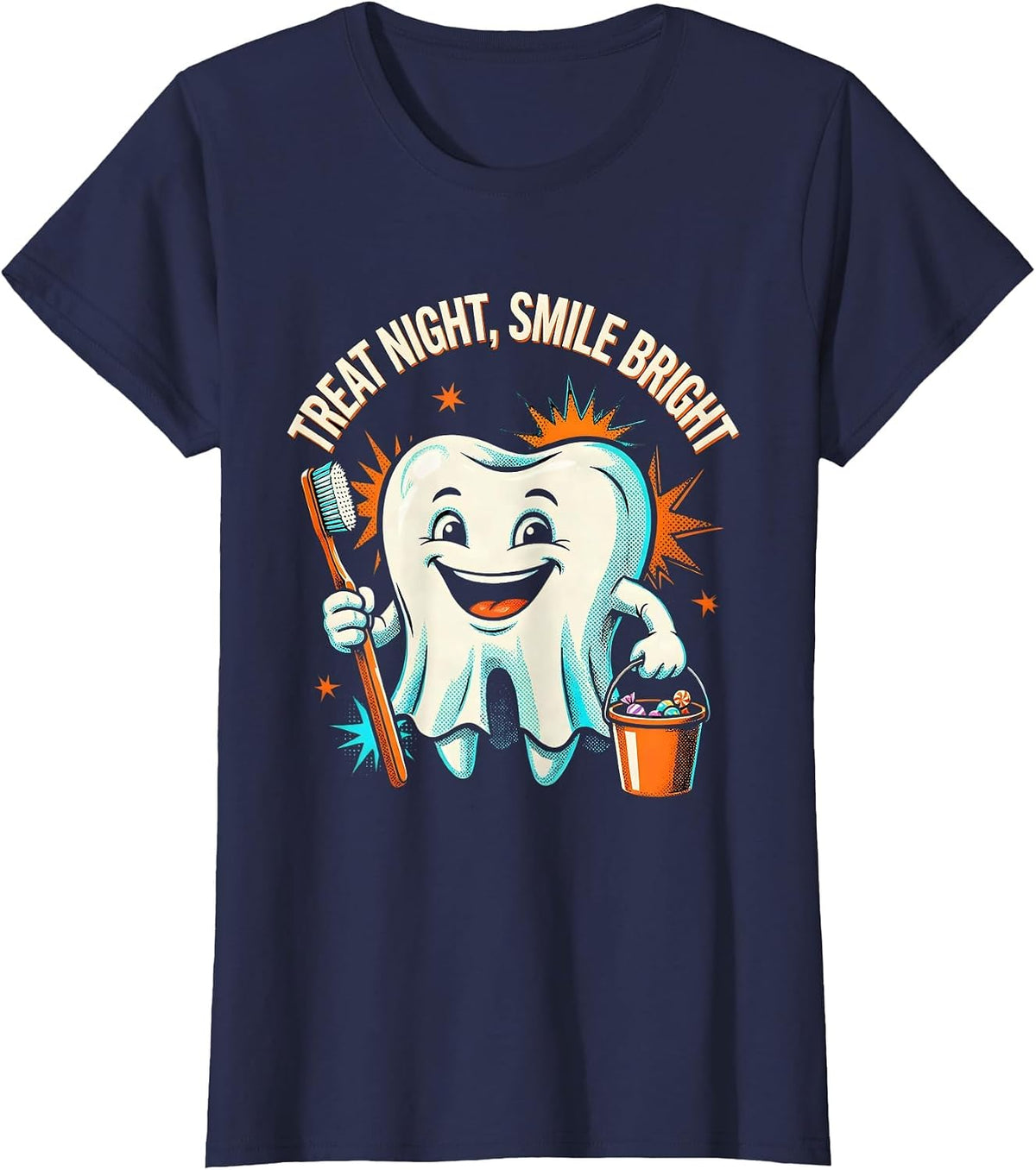 Women's Treat Night Smile Bright Pop Art Halloween Dentist Dental T-Shirt - Navy Blue