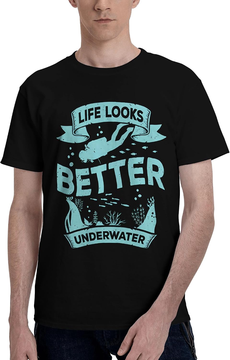 Men's T-Shirt,Scuba Diving Diver,Crew Neck Opaque Cotton Casual Daily Tee - As Pictured