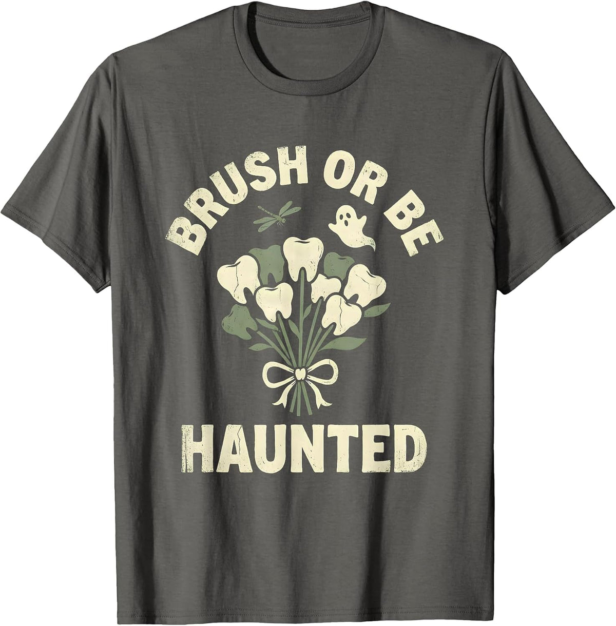 Men's Brush or Be Haunted Dental Halloween Design T-Shirt - Asphalt Grey