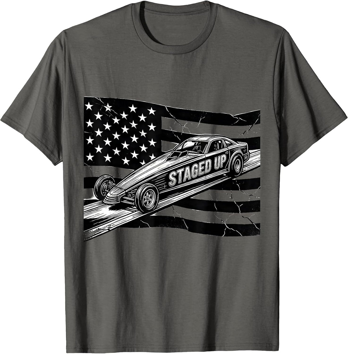 Men's Staged Up Line Art RC Dragster American Flag Racing Hobbyist T-Shirt - Asphalt Grey