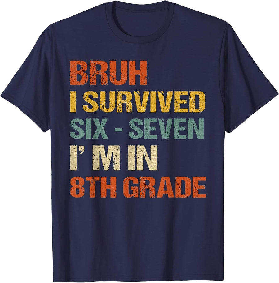 Retro Bruh Back to School Teacher 8th Grade Meme First Day T-Shirt - Navy Blue
