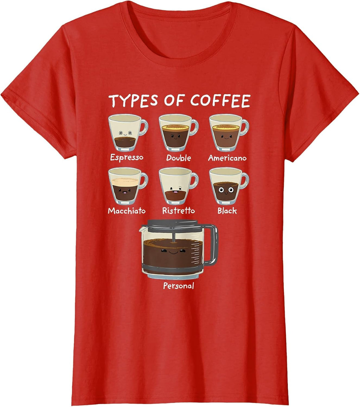 Types of Coffee Shirt Funny Caffeine Lover Barista T-Shirt - Red