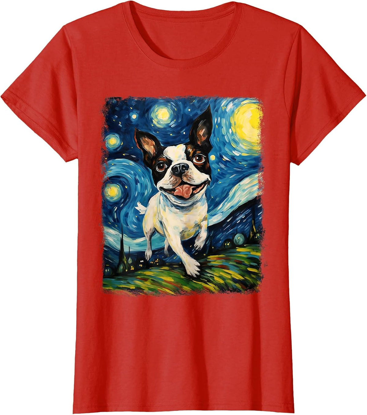 Boston Terrier Dog Starry Night Painting T-Shirt - Red