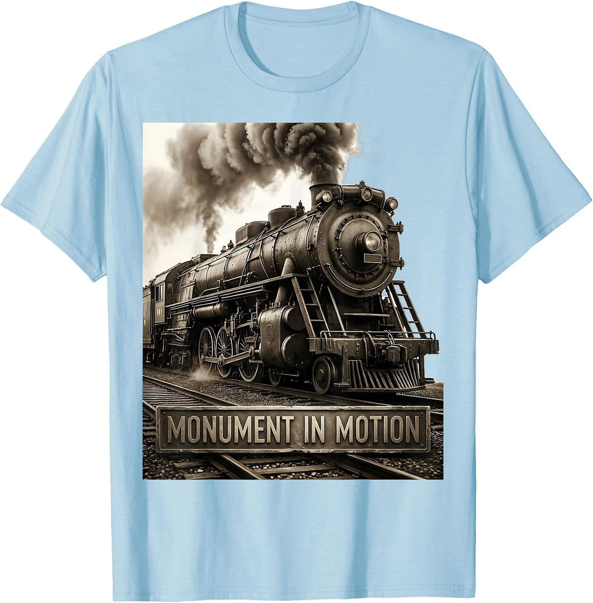 Men's Monument In Motion Monochromatic Steam Locomotive Railroad T-Shirt - Baby Blue