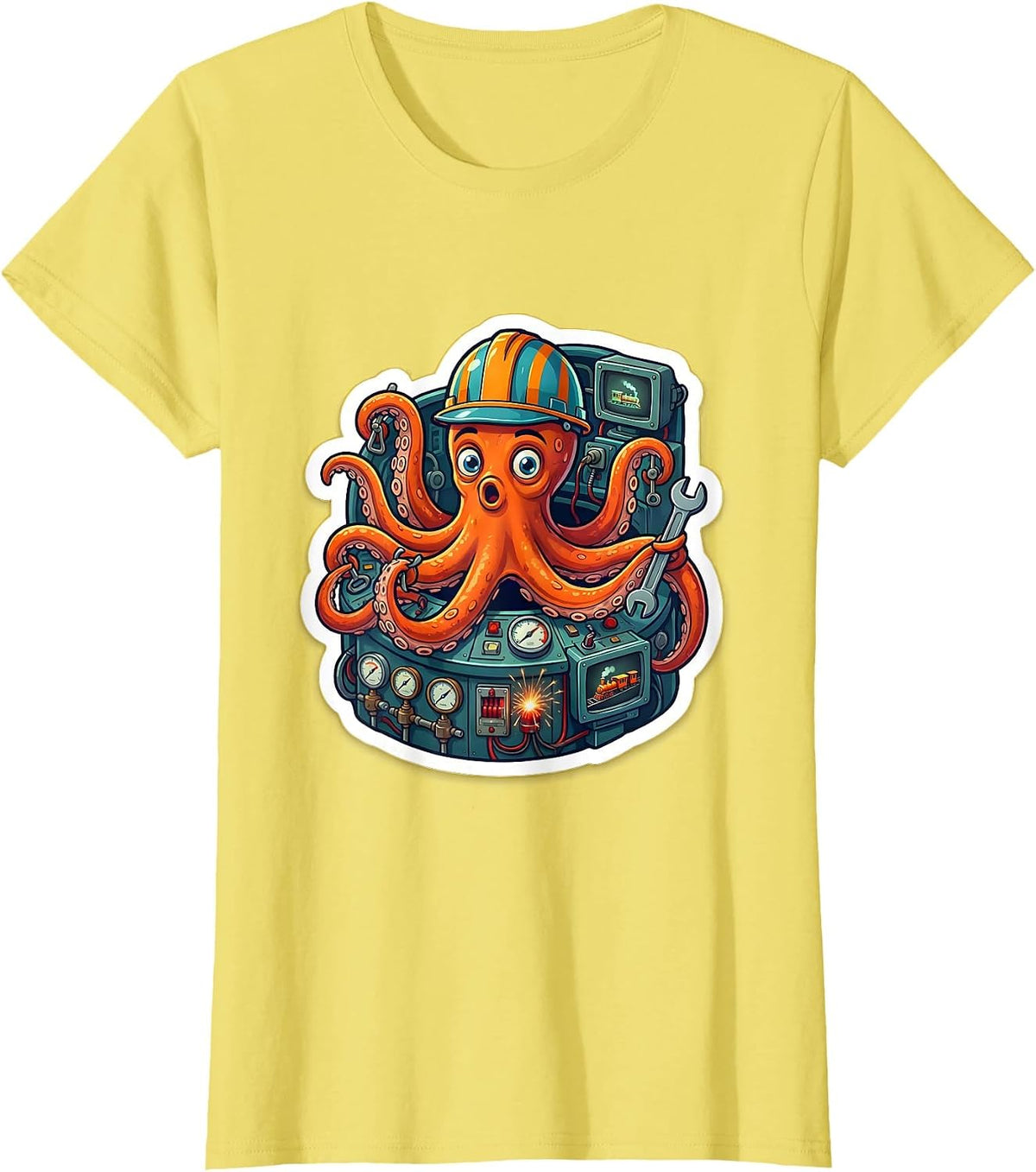Women's Octopus Engineer Chaos Train Control Room T-Shirt - Lemon Yellow