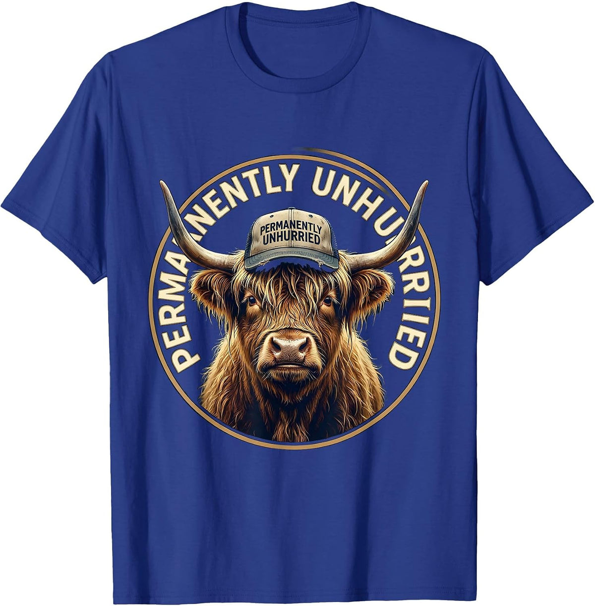 Men's Permanently Unhurried Highland Cow Humor Farm Life T-Shirt - Royal Blue