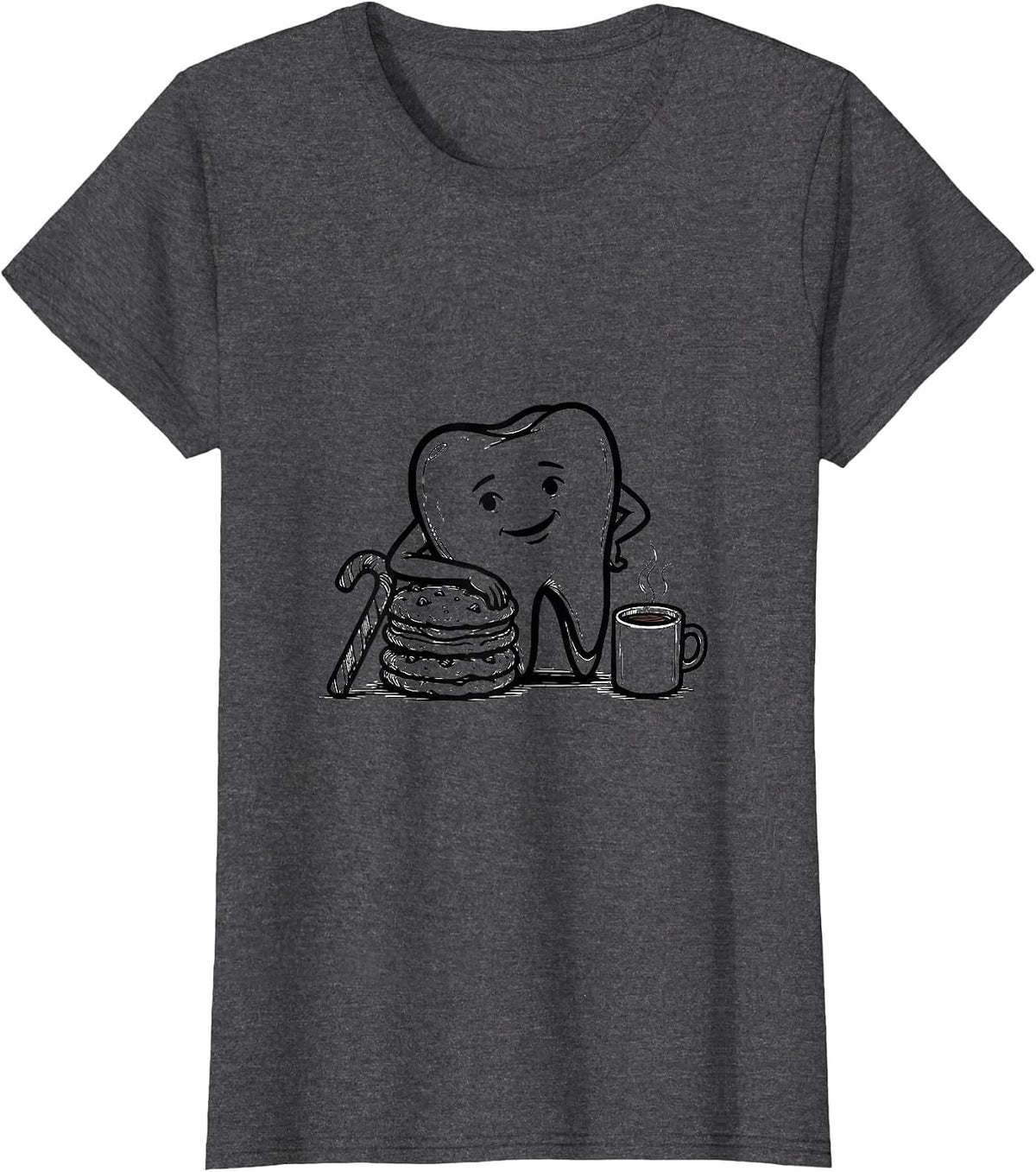 Women's Contour Tooth Dental Humor Christmas Dentist Crew T-Shirt - Dark Heather Grey
