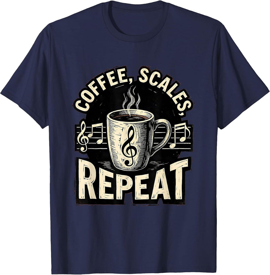 Coffee Scales Repeat Music Teacher Design T-Shirt - Navy Blue