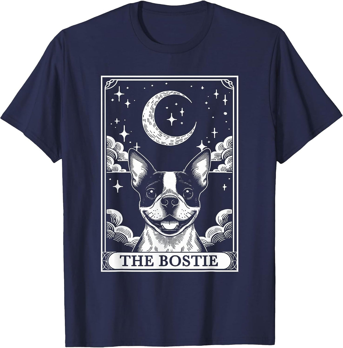 Tarot Card Vintage Crescent Moon Boston Terrier Dog Mom T-Shirt - Navy Blue