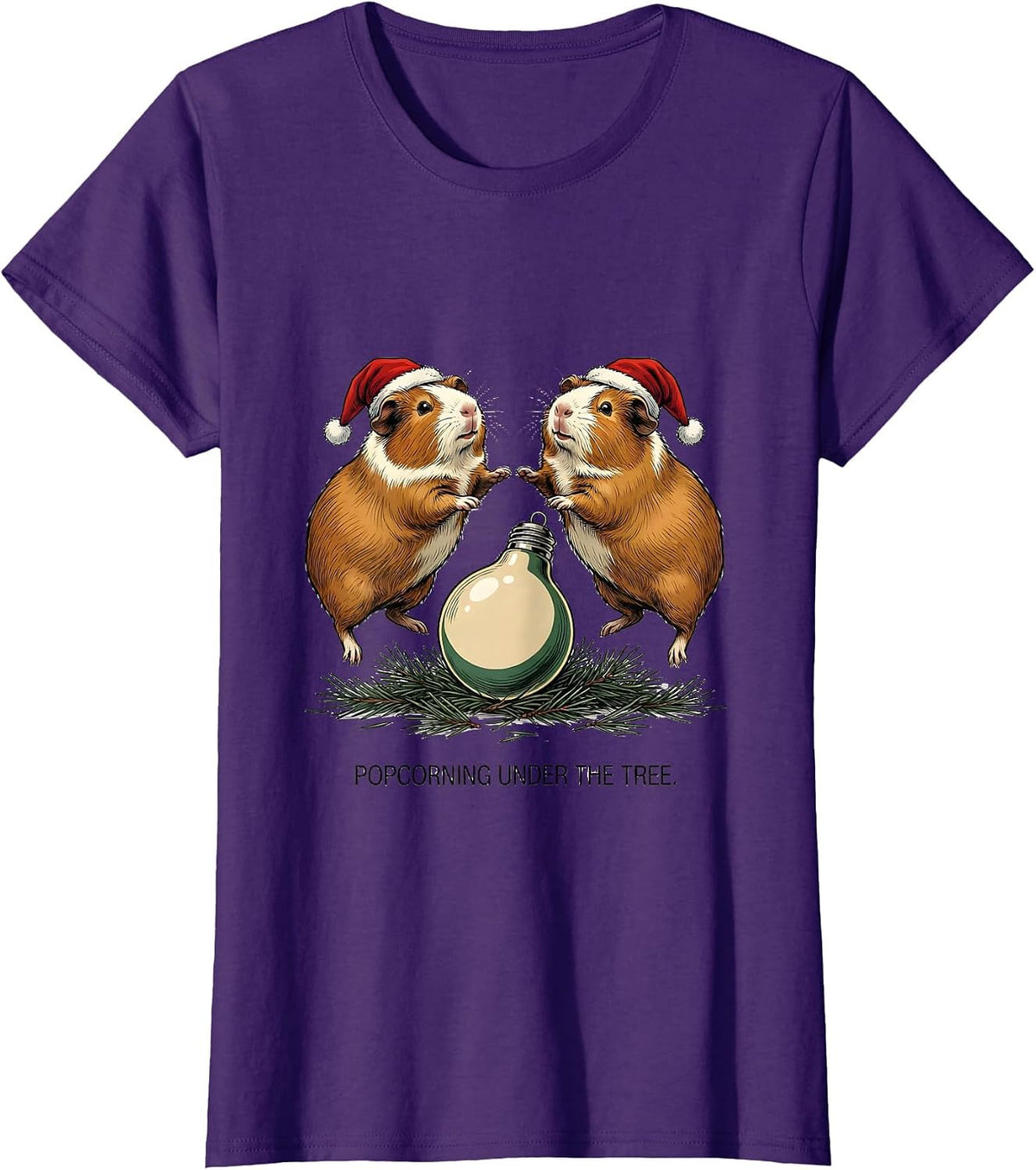 Women's Popcorning Under The Tree Funny Guinea Pig Christmas Santa T-Shirt - Purple
